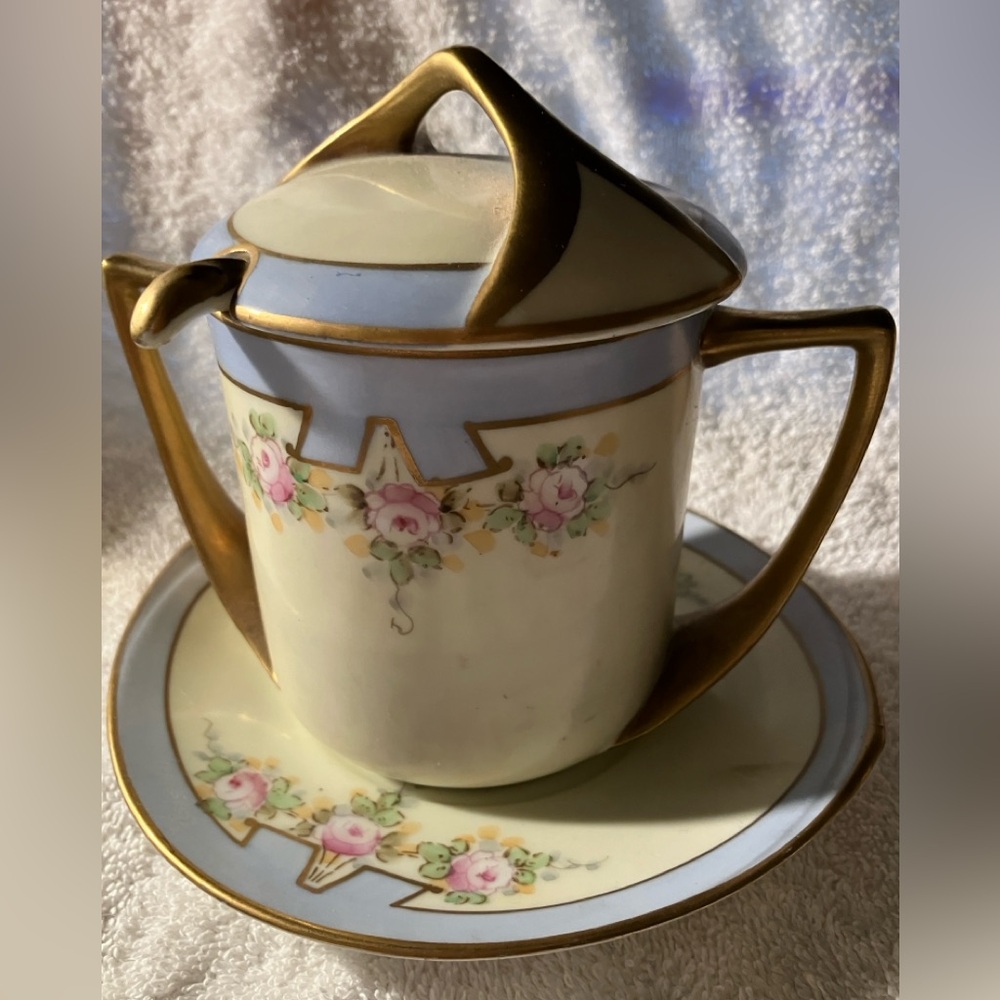 Vintage  Floral Porcelain Mayonnaise/Condiment Jar Saucer Spoon Set Japan